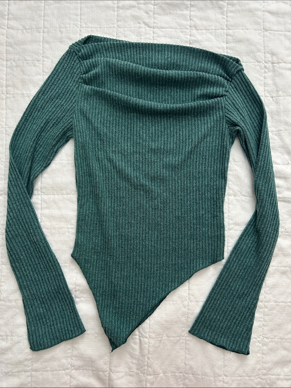 Asymmetric Ribbed Off-Shoulder Long Sleeve Top in Teal